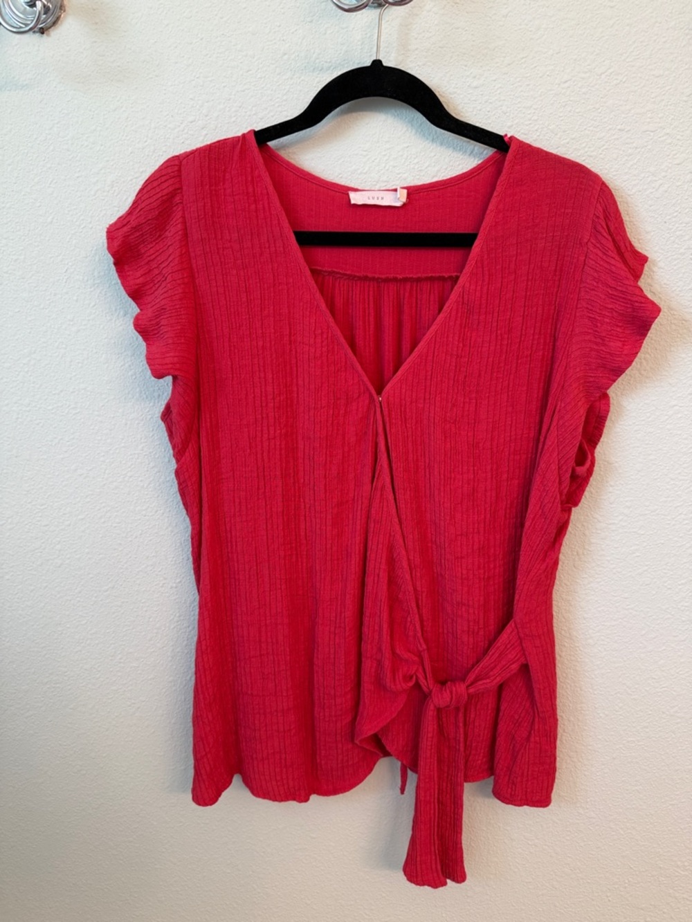 Lush Tie-Front V-Neck Blouse in Hot Pink